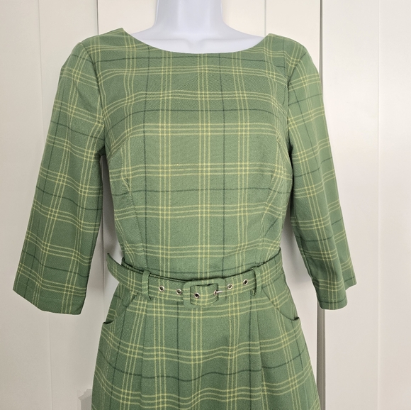 NWOT Collectif Adaline Leaf Check Green Plaid Fitted Wiggle Dress - Picture 9 of 15